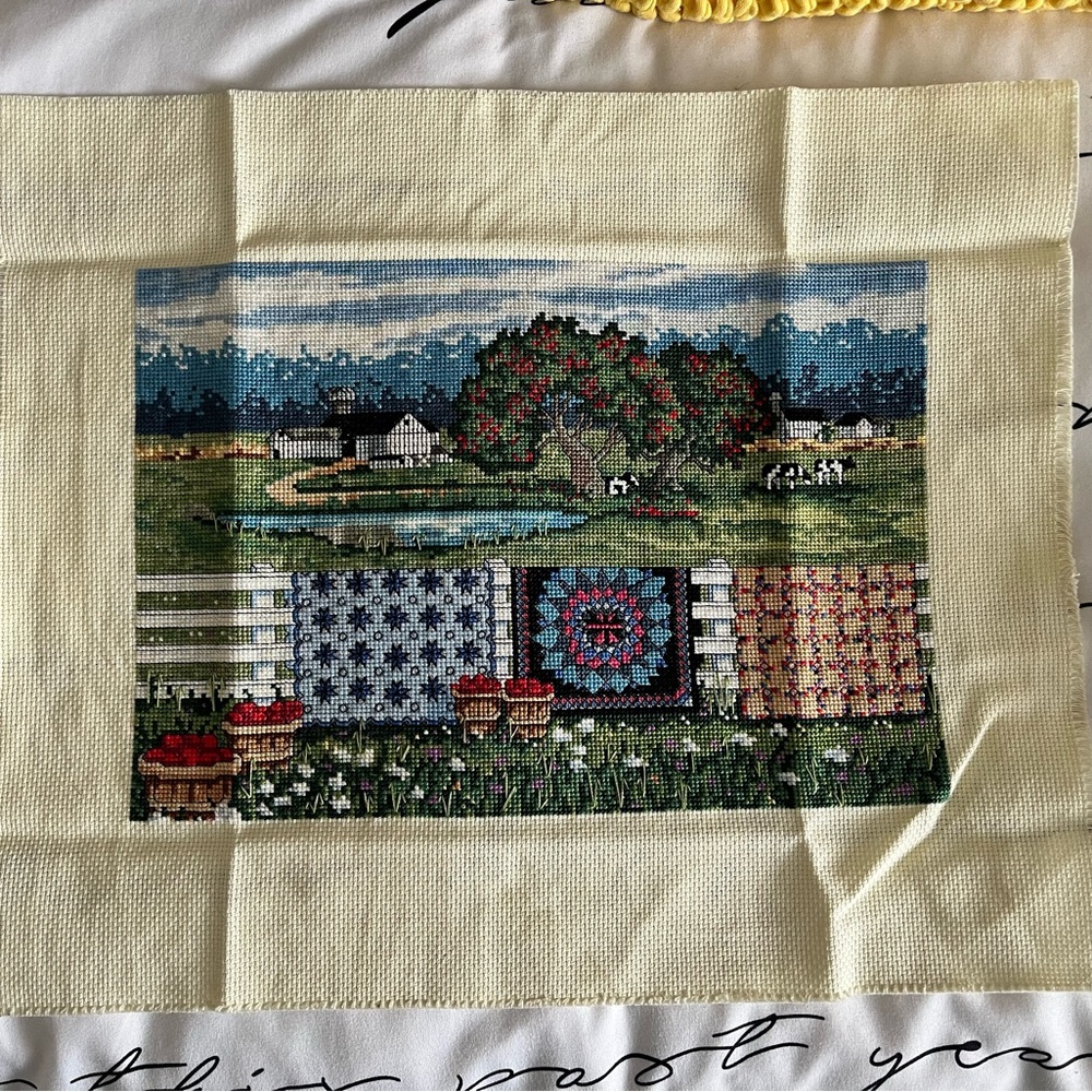 Farm Scene with Quilts Cross Stitch